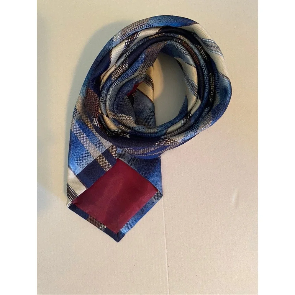 Brittania Mens Blue Plaid Diagonal Stripe Polyester Necktie 3342
